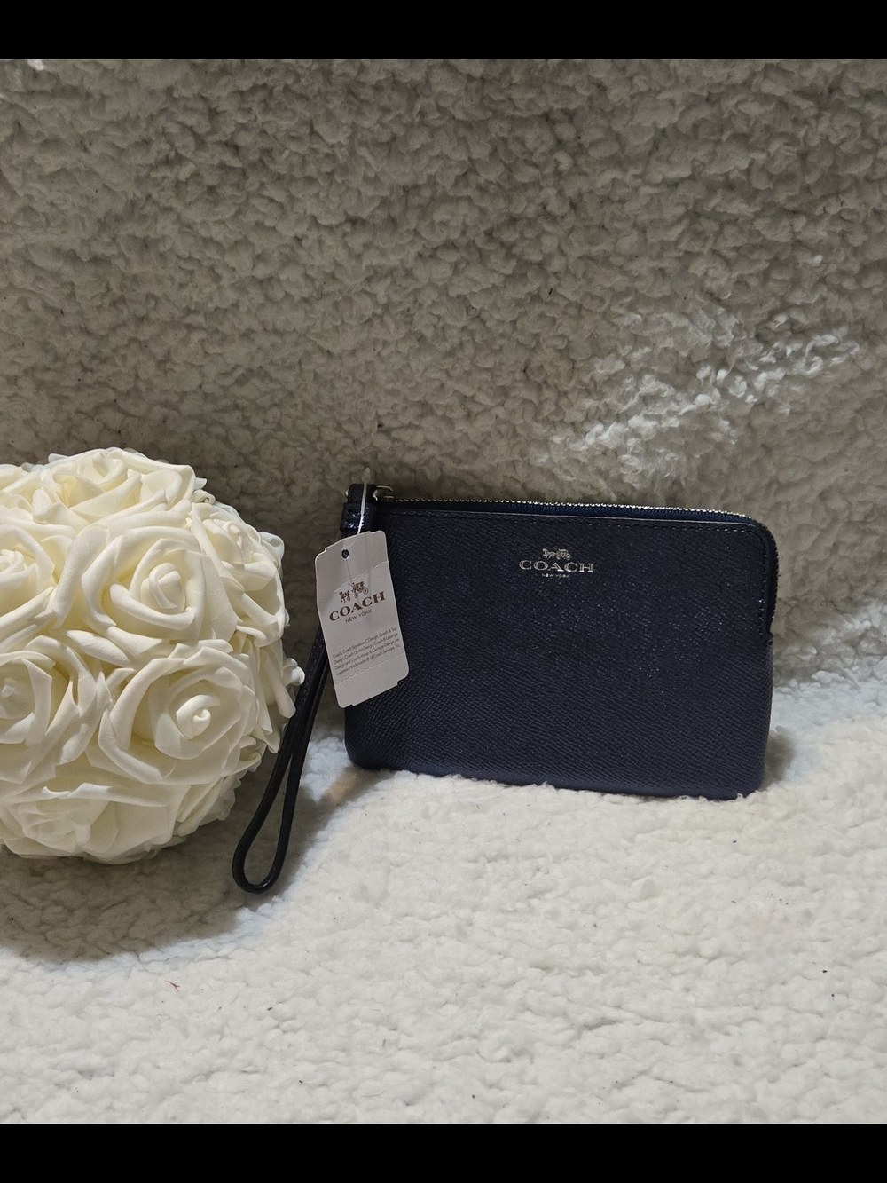 Coach Small Navy Wristlet With Silver Logo